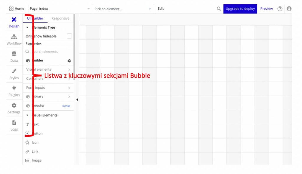 Ekran edycji w Bubble - tworzenie nowych stron, nowych workflow